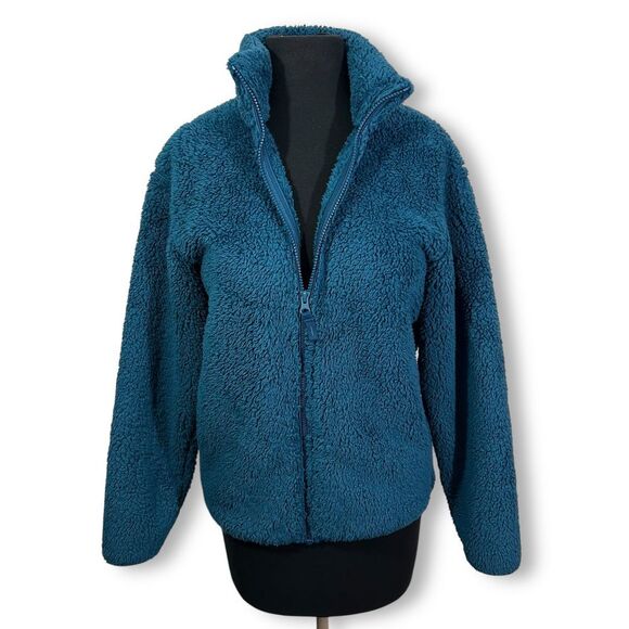 Uniqlo Oversized Teal‎ Sherpa Fleece Full-Zip Jacket Plush Winter Womens XS - Picture 1 of 9